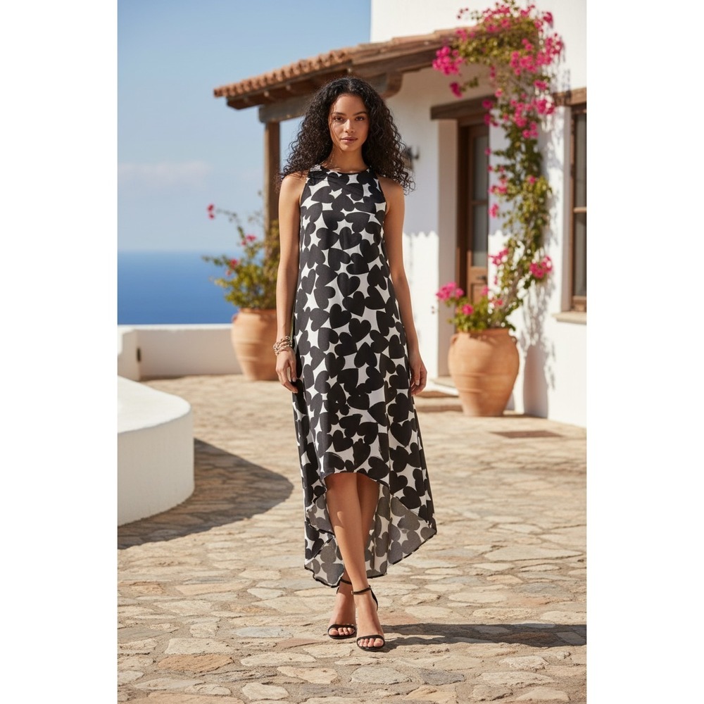 CECE SZ 0 Dress Heart Print White Black Midi Maxi Swing‎ Halter  Retail $130